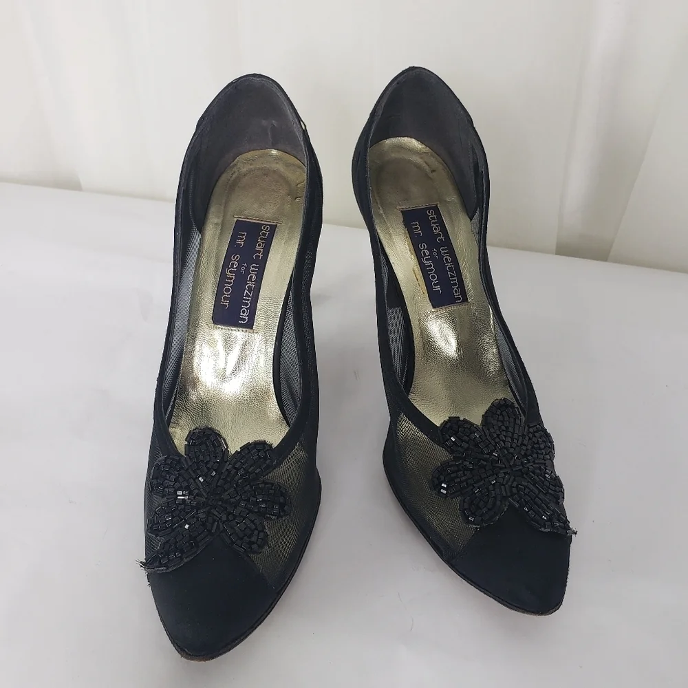 Vintage Stuart Weitzman for Mr. Seymour black satin mesh beaded pumps 8.5